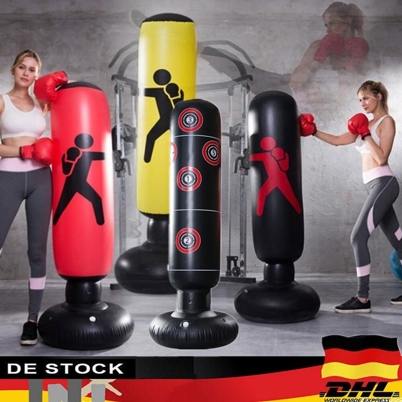 Produktbild von Punchingball Kinder,160cm Aufblasbarer Standboxsack, Boxhandbandagen & Kostenloser Luftpumpe – Sofortige Bounce Back Boxsack Für Indoor & Outdoor Kampfsport Praxis, Karate, Schwarz Kinder Boxsack