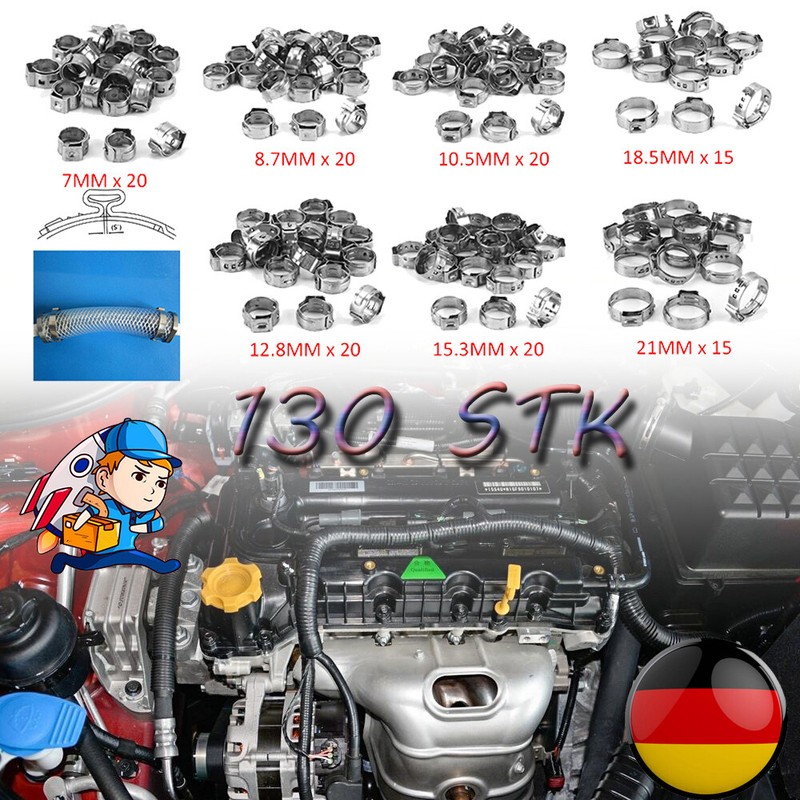 130Stk Ohr Schlauchschellen Edelstahl Sortiment Schlauchklemmen Set KFZ Verzinkt