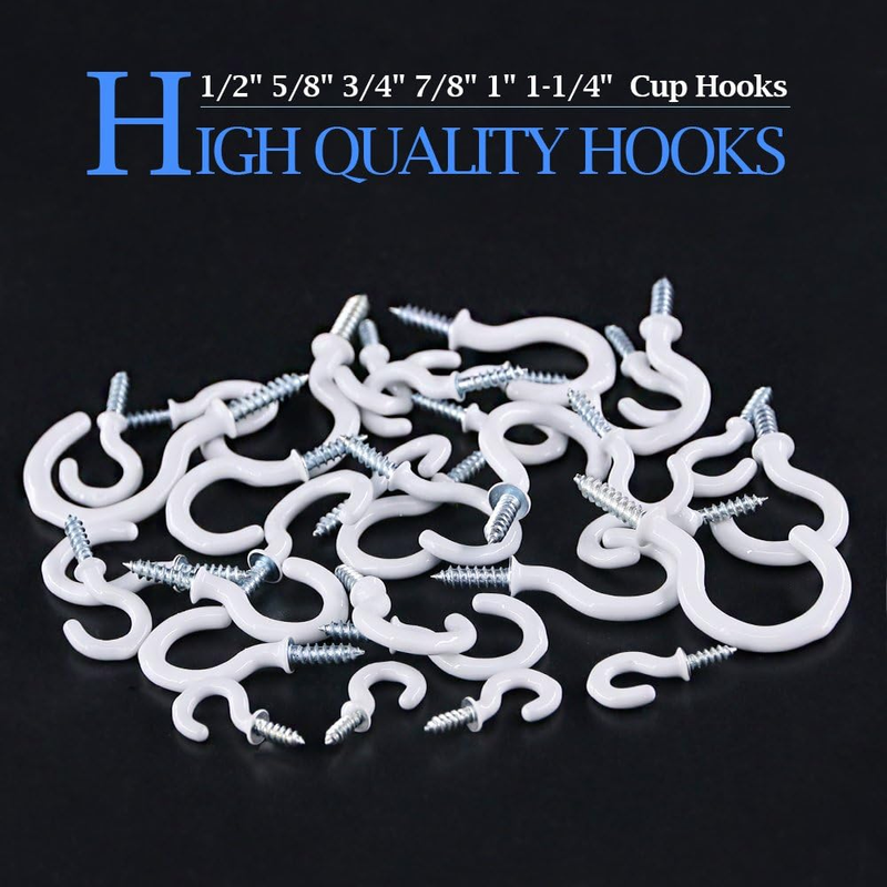 100-Pieces 6 Sizes White Vinyl Coated Cup Hooks Screw-in Ceiling Hooks Screw Hoo