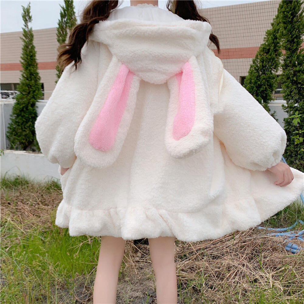 Ladies Faux Fur Coat Jacket Lolita Fluffy Rabbit Ear Hooded