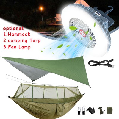 Camping Fan Lamp 660lbs Portable Double Hammock Tent with mosquito Net Rain Fly