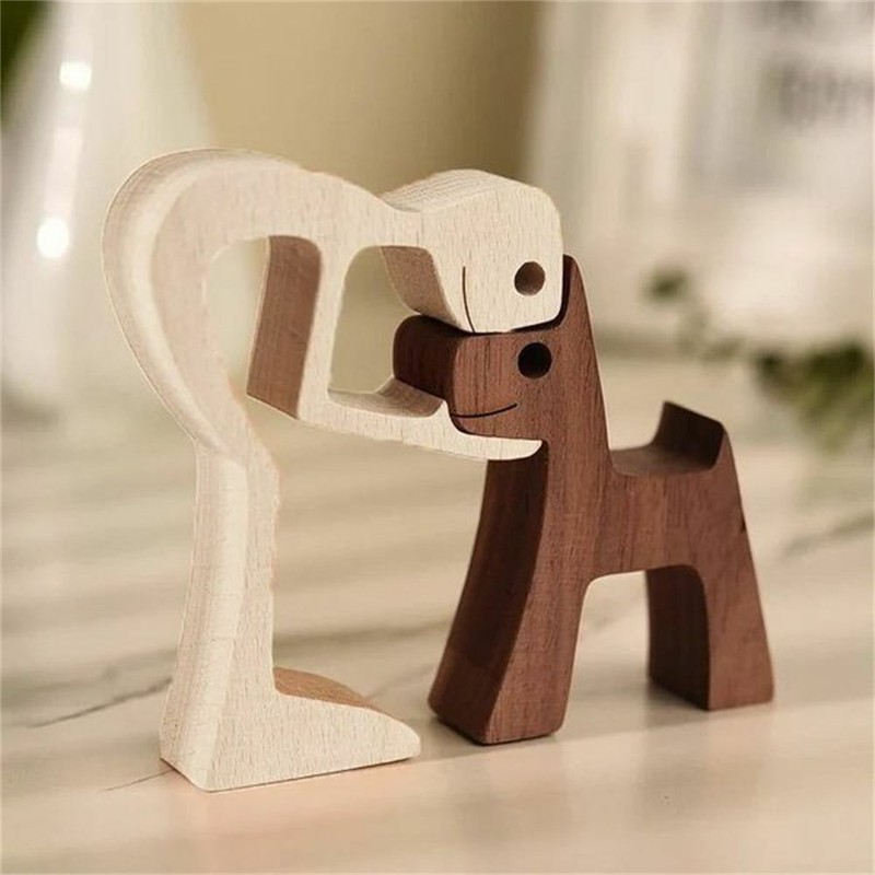 Handmade Wooden Statue, Sitting Woman and Dog Wood Decoration
