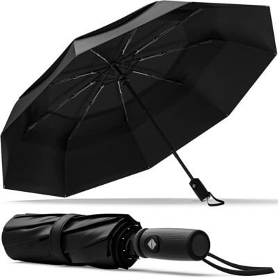 Large Automatic Black Umbrella Anti Rain Windproof Out Folding Compact Umbrella