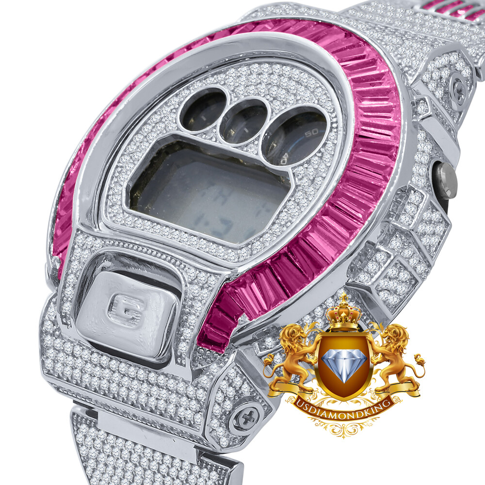Pre-owned Usdiamondking Baguette Pink Tourmaline White Gold Casio Shock Authentic Dw-6900 Custom Watch