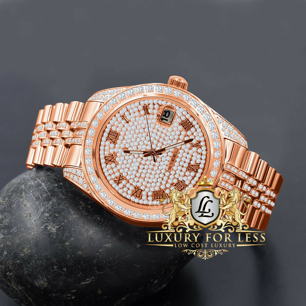 Pre-owned Bling Master Men's Full Steel 18k Yellow Gold Rose Simulated Diamond Presidential Watch 40mm