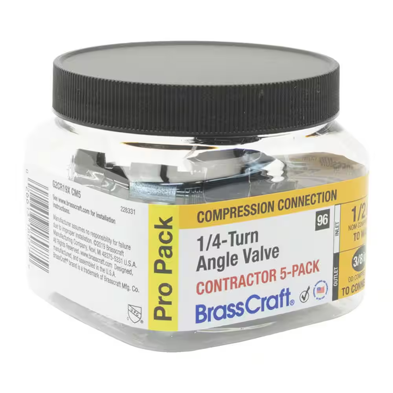 BrassCraft Angle Stop Valve 1/2 x 3/8 in Compression 1/4 Turn Chrome Plumbing