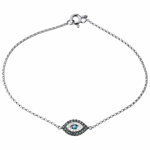 Pre-owned Jfl Diamonds & Timepieces Diamond Evil Eye Bracelet 7 Inch Ladies 14k White Gold Rolo Chain Link 0.12 Ct. In White & Blue