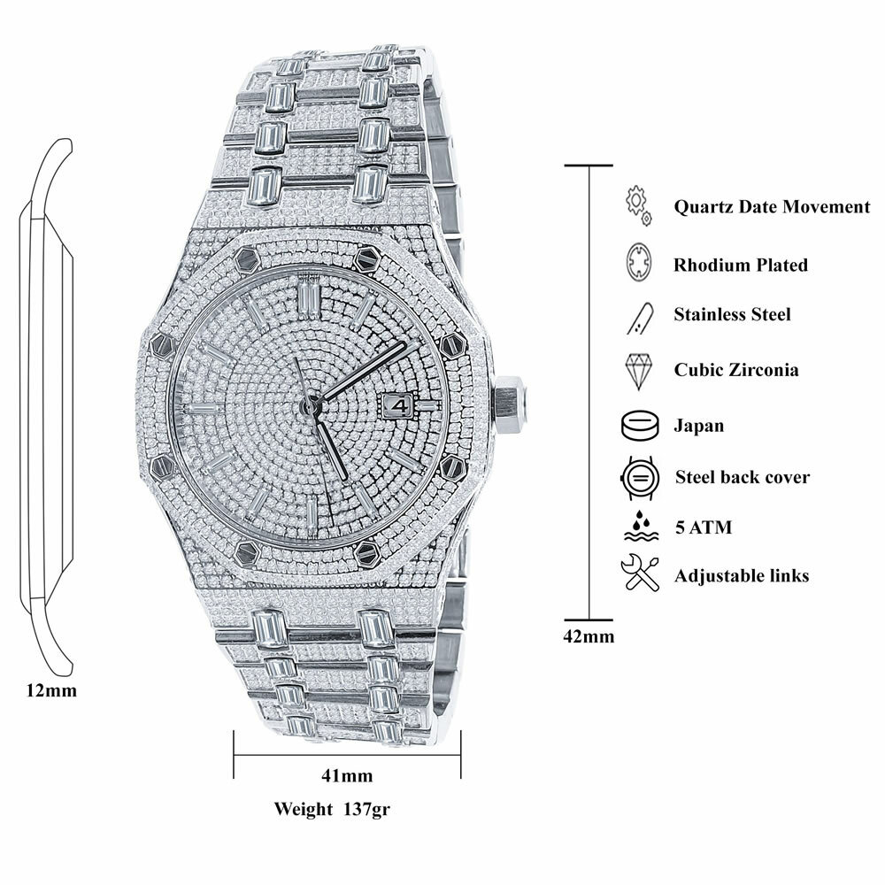 Pre-owned Bling Master Full Steel Baguette Men's White Gold Tone Finish Simulated Diamonds 42 Mm Watch