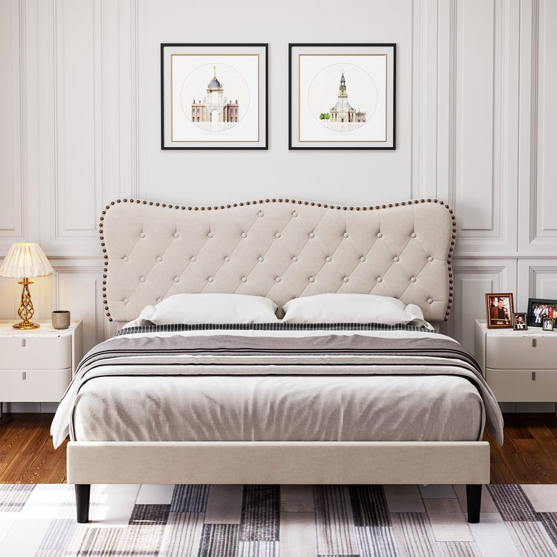 Button Tufted Headboard Queen Wooden Slat