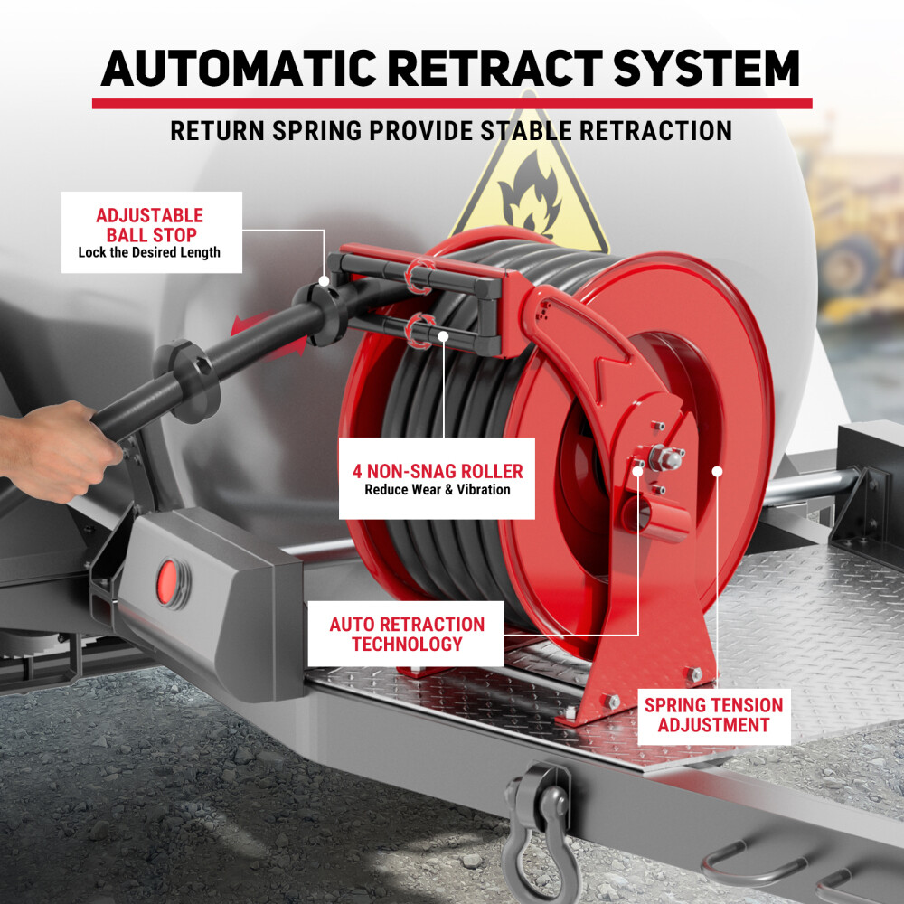 Retractable Diesel Fuel Hose Reel 1 inch x 33ft Spring Driven Auto Swivel Rewind