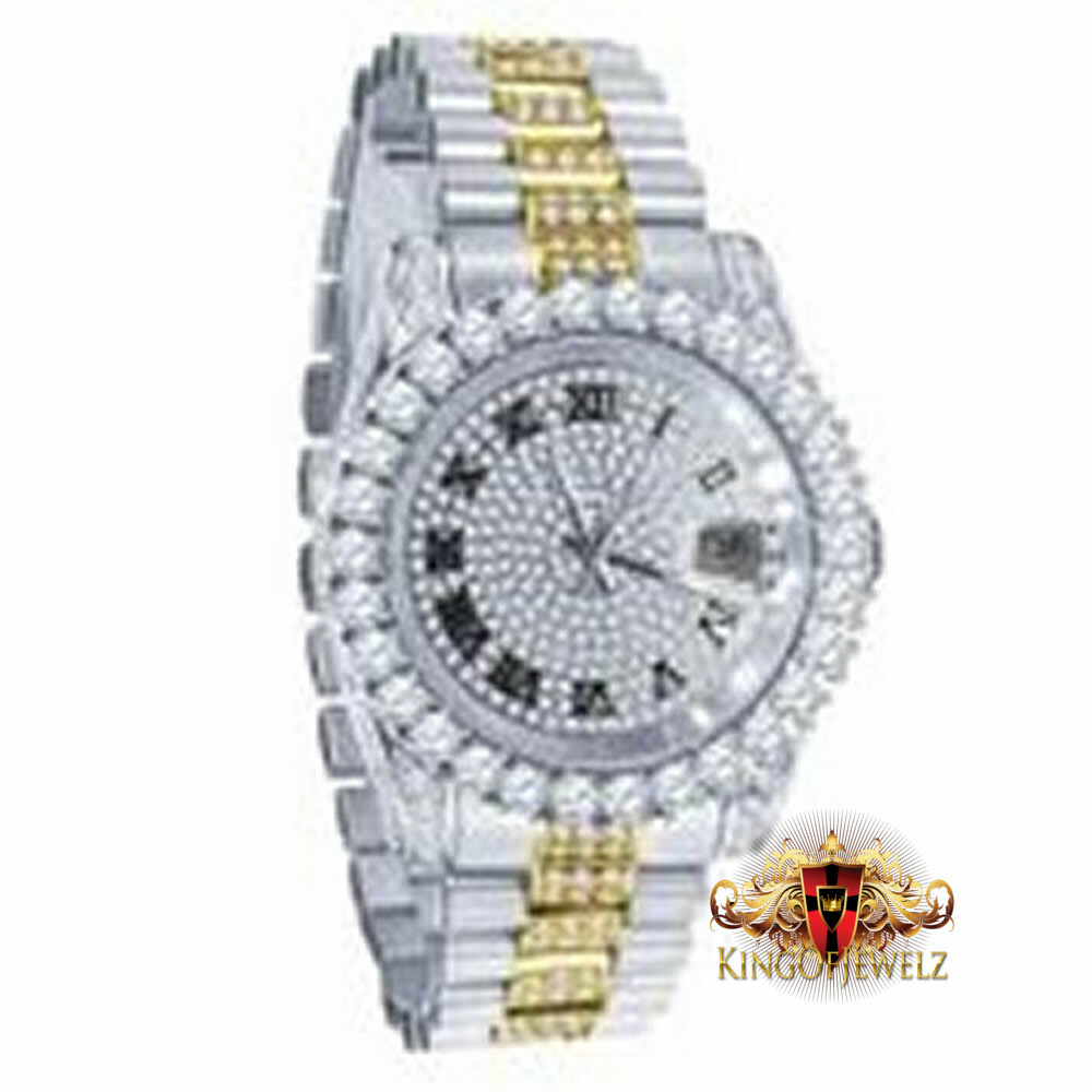 Pre-owned Blingmaster 2 Tone White Gold Tone Stainless Steel Presidential Watch 41mm Simulated Diamond