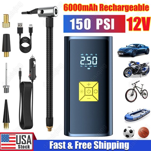 150 PSI Air Compressor Tire Inflator Fits Car Moto Bike Tires Air Pump Cordless