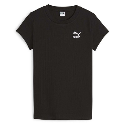 Женская черная футболка с круглым вырезом и логотипом Puma Classics Classics в рубчик с коротким рукавом Casua