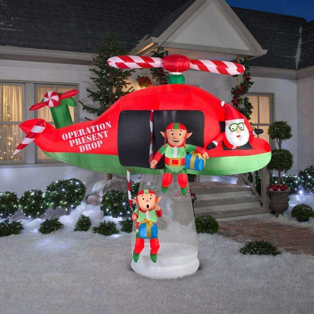 Gemmy Animated Inflatable Santa and Elves in Helicopter Scene