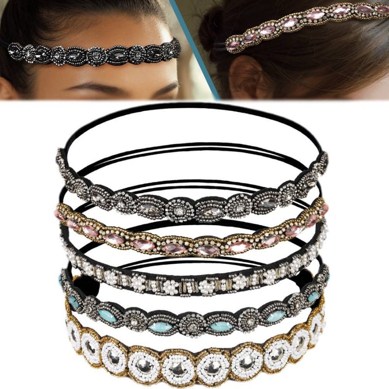 5pcs Women Elegant Rhinestone Beaded Headbands Set Elastic Hairbands 20-26.8"