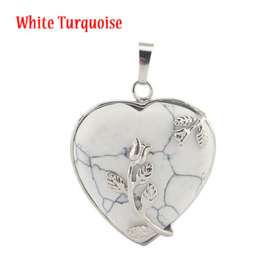 Natural Gemstone Heart Silver Flower Reiki Chakra Pendant Charm Beads