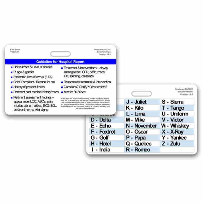 Hospital Report Guidelines W/ Phonetic Alphabet Horz Badge Card Emt Ems Medic