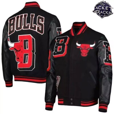 Mens Black Standard Chicago Bulls MashUp Varsity Jacket- Wool Varsity Jacket Men