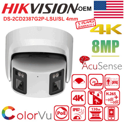 Hikvision 4K 180° OEM DS-2CD2387G2P-LSU/SL ColorVu Panoramic IP Camera Dual lens