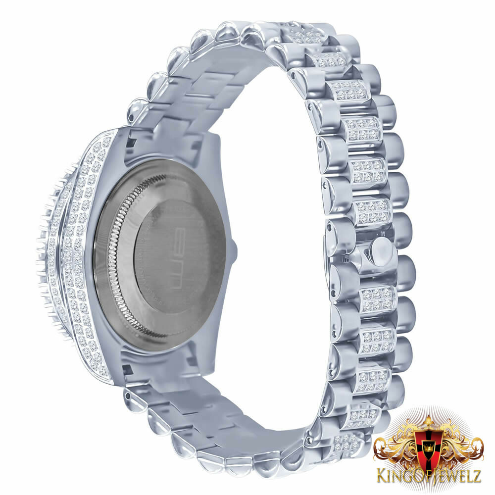 Pre-owned Blingmaster Men's White Gold Tone Stainless Steel Presidential Watch 41 Mm Simulated Diamond