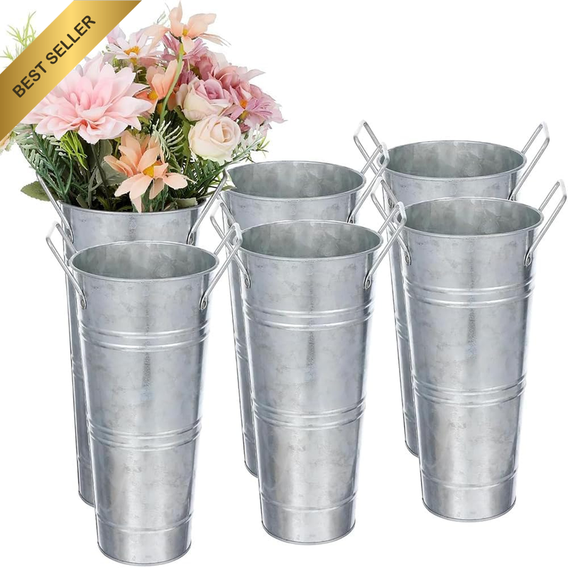 6 PCS Galvanized Flower Buckets, Rustic Style Flower Bucket Vases with Handles,