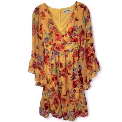 NWT Shelby & Palmer yellow floral faux wrap flutter dress w/tie back waist sz 8
