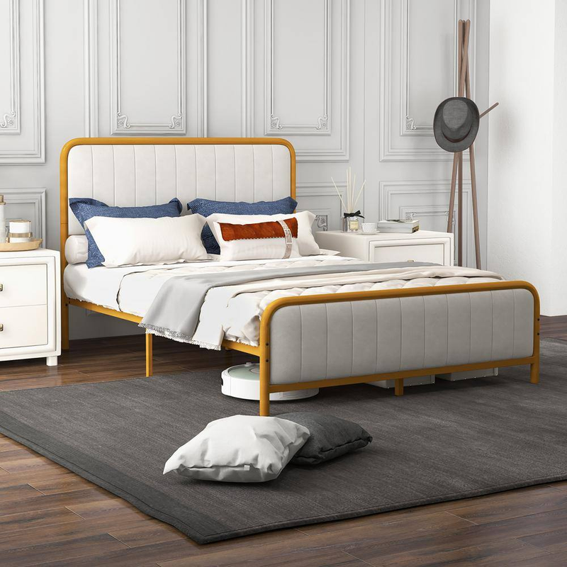 Gold Metal Bed Frame Upholstered Queen Platform Bed with Velvet Headboard