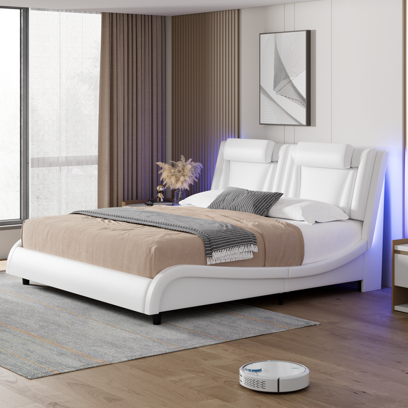 Modern Led Lights Wave Curved Pu Leather Headboard King