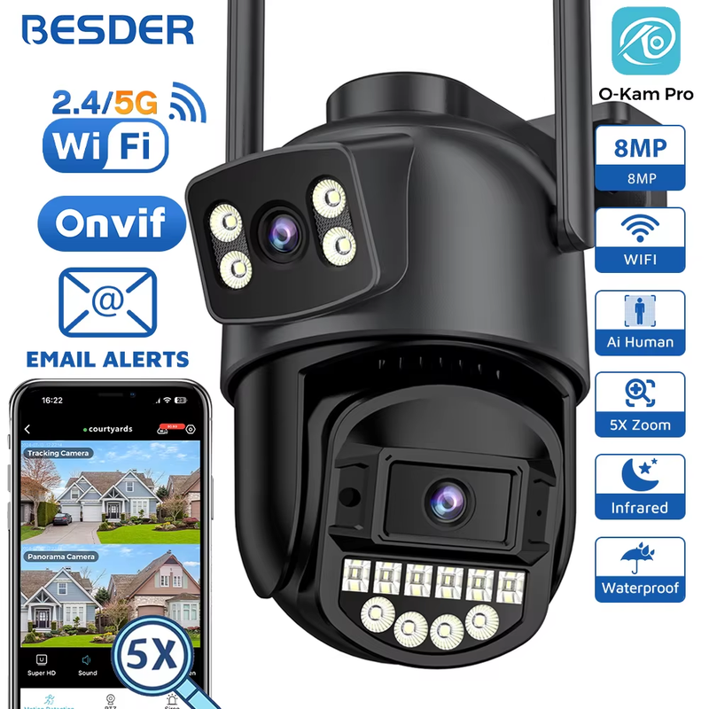 PTZ 8MP Wifi Camera Dual Screen Auto Tracking Color Night Vision Outdoor CCTV Ca