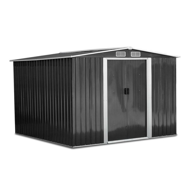 giantz 2.57 x 2.57m steel base garden shed - grey sheds