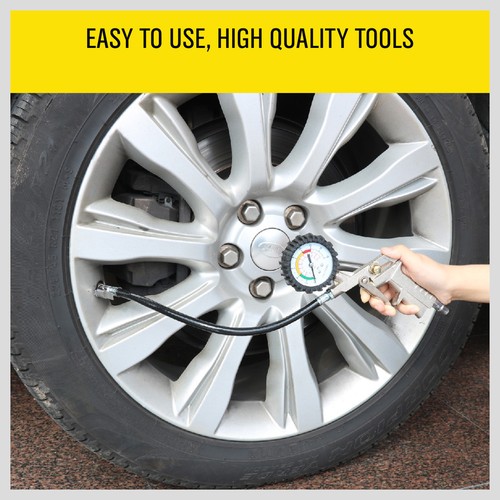 Dial Tire Inflator Gauge Flexible Hose 220 PSI Pistol Style Air Chuck Pneumatic