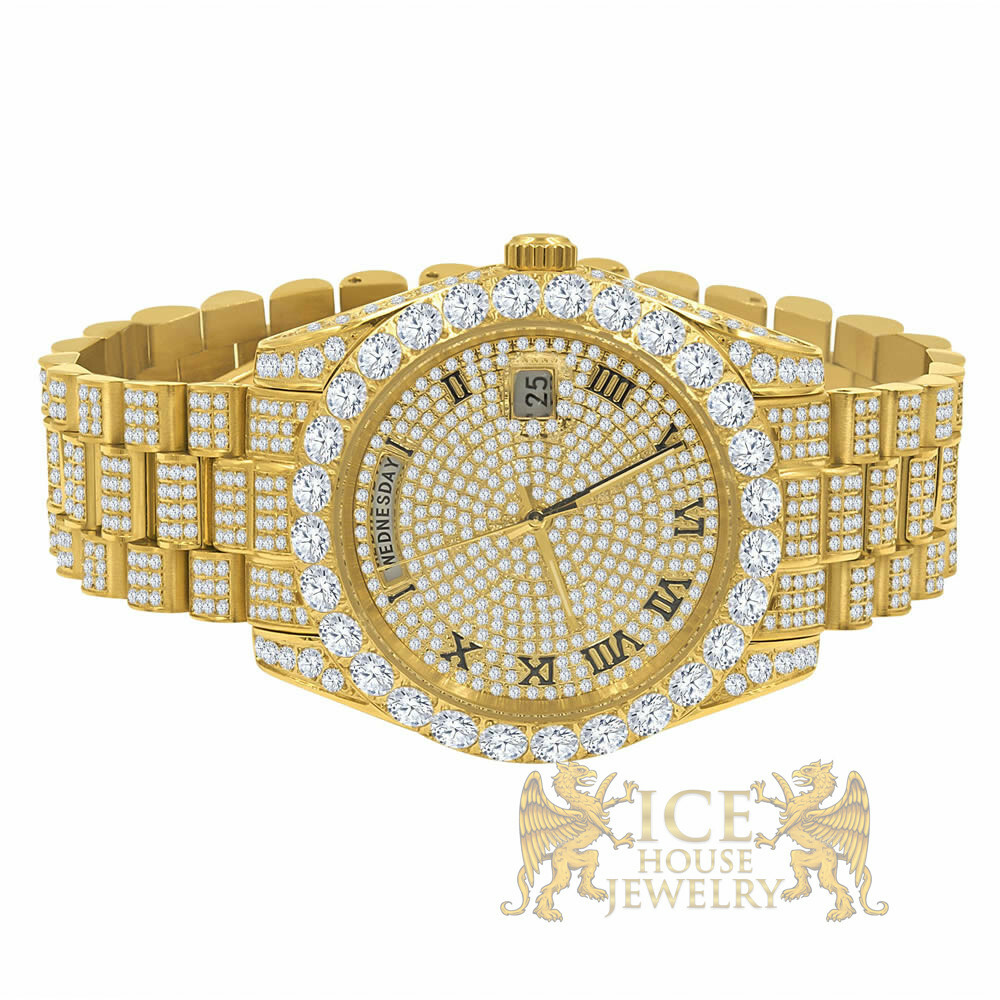 Pre-owned Bling Master Solid Stainless Steel Solitaire Roman Dial 18k Yellow Gold Day & Date Men's 40mm
