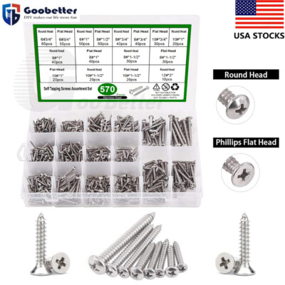 570Pc Stainless Steel Self Tapping Wood Screws Assortment Phillips Flat Pan Head