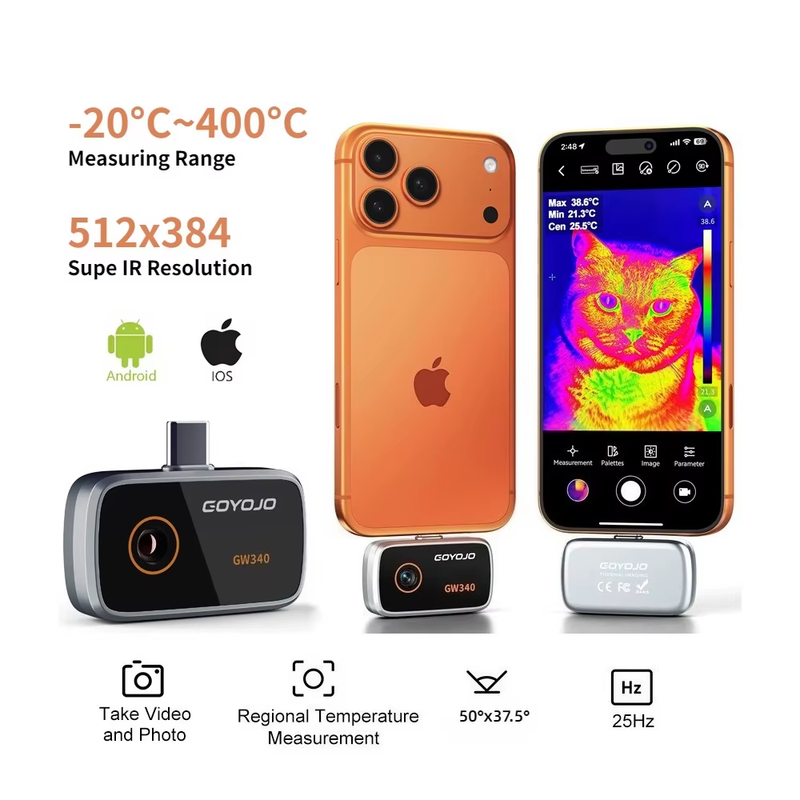 GW340 iPhone & Android Thermal Camera, 512x384 Super Resolution, 256x192 IR Reso