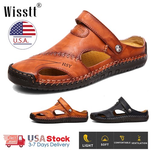 Mens Summer Leather Fisherman Casual Sandals Adjust Strap Closed Toe Beach Shoes