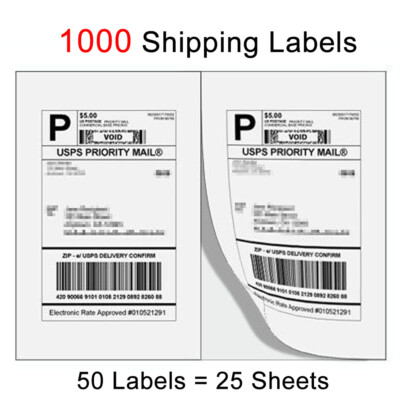 1000 Premium 8.5'' X 5.5'' Half Sheet Self Adhesive Shipping Labels 2 Per Sheet