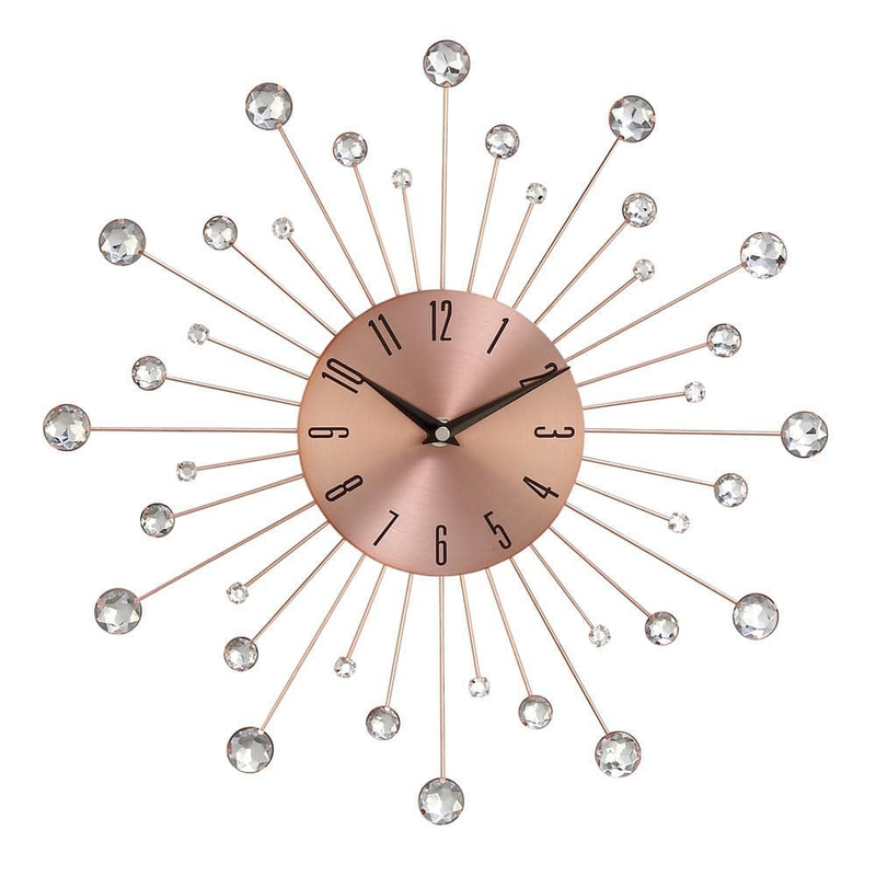 Wall Clock Analog Crystal Accents Copper Metal Starburst Luxury Copper Clock