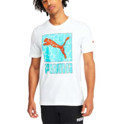 Puma Pool Box Графический Круглый Вырез Короткие рукава TShirt Мужские Белые Спортивные Случайные T