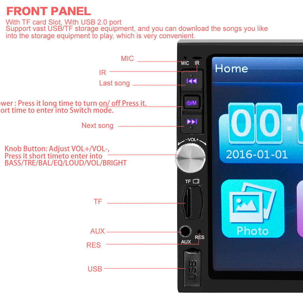 2-DIN 7inch Car MP3 MP5 Player TV FM Bluetooth Touch Screen Stereo