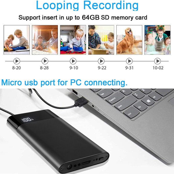 Micro USB port connecting to computer, loop recording feature.