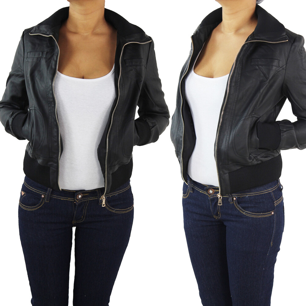 Damen Lederjacke Kunstleder Leder Jacke Damenjacke Jacket Bikerjacke Schwarz