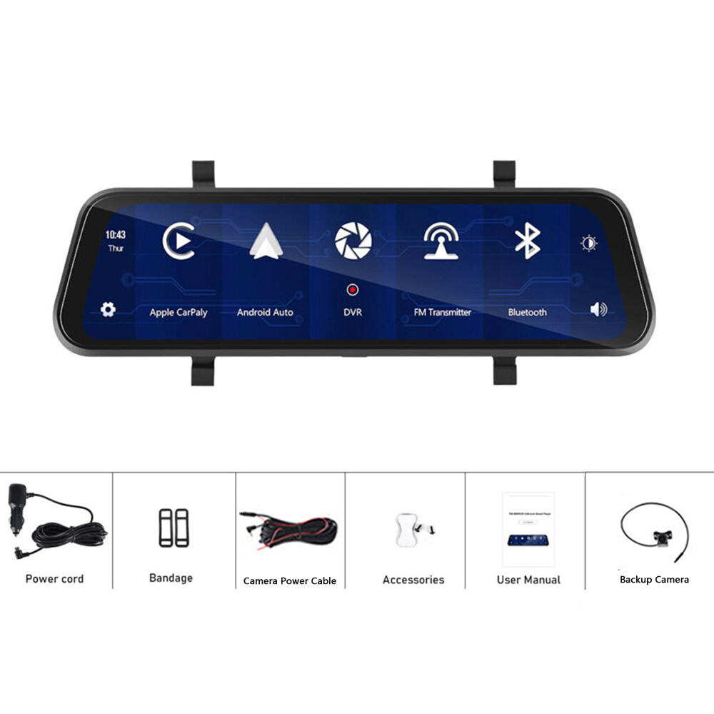 9.66" Car Dash Cam Wireless Apple CarPlay Android Auto Dual Front & Rear Camera