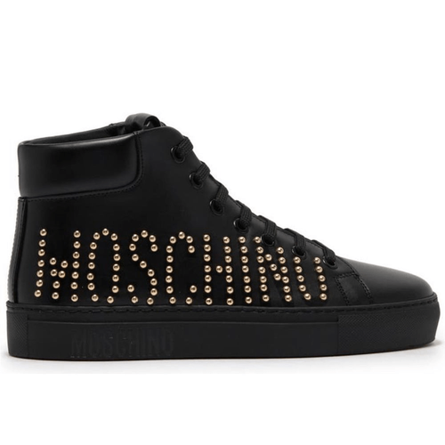 Pre-owned Moschino High Top Logo Studded Leather Sneaker Size 7 In Black