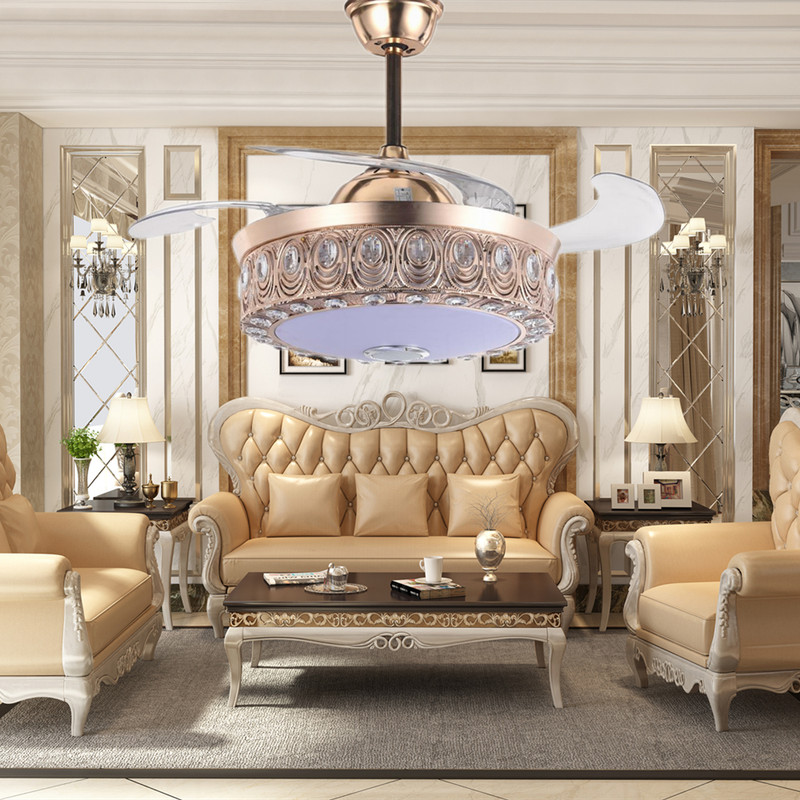 Gold 42"Smart Bluetooth Chandelier,Modern Colorful Retractable Ceiling Fan Light