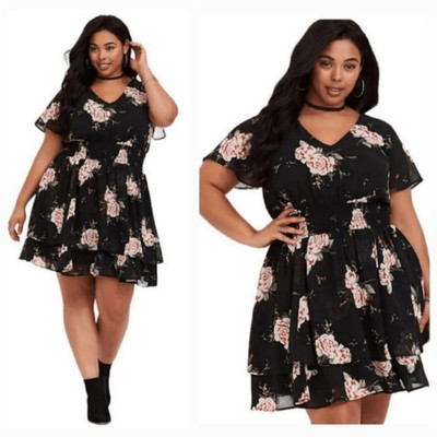 NEW Torrid Black Floral Smocked Georgette Dress in Dream Bouquet Size 2 (2X)