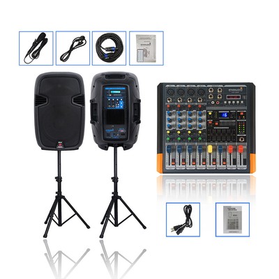 Dual 12'' Active PA BT Speakers 2000W Powered Speaker Stands 4CH Amplifier Mixer