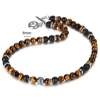 Men's 8mm Natural Tiger Eye Lava Bead Necklace Stainless Steel Toggle 18/20/24''