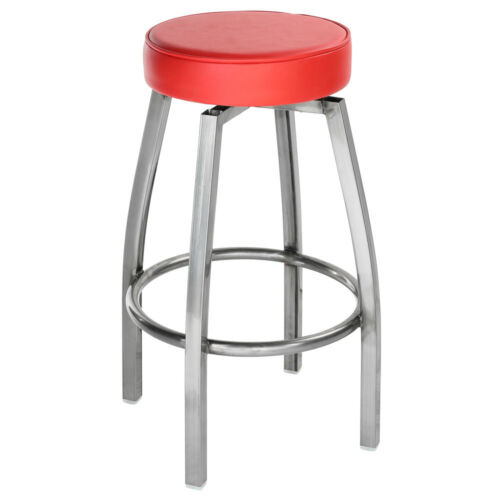 Clear Coat Metal Backless Restaurant Barstool With Red Vinyl Swivel Seat