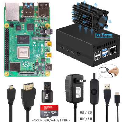 Raspberry Pi 4 B Start Kit with Aluminum Case Ice Tower System 5V 3A Power HDMI