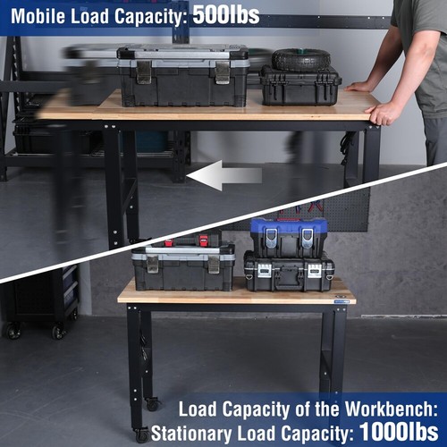 WORKPRO 48"X22" Adjustable Workbench with Leveling Foot & Wheels Rubber Wood Top